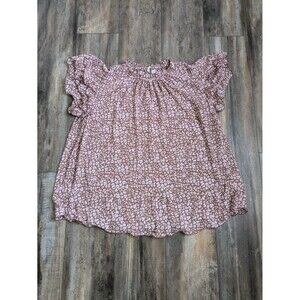 Women's Size 14/16W Eyelet Floral Top Sheer Blouse Cottage Core Brown & Pink